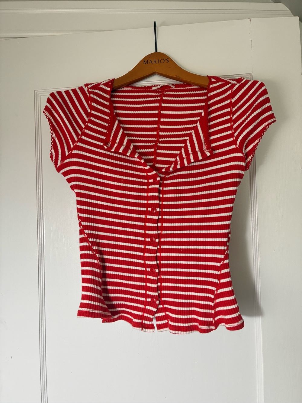 Free People Red and White Striped Short Sleeve Ribbed Button-Front Top - Picture 4 of 4